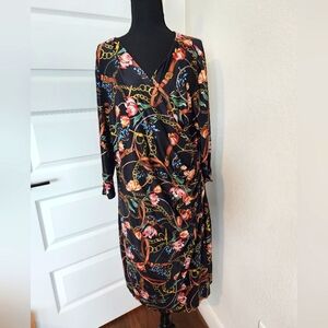 Yumi Size 16 Dress. Flower Print w/ Belts, Chains And Gold Detail Sleeve Accent